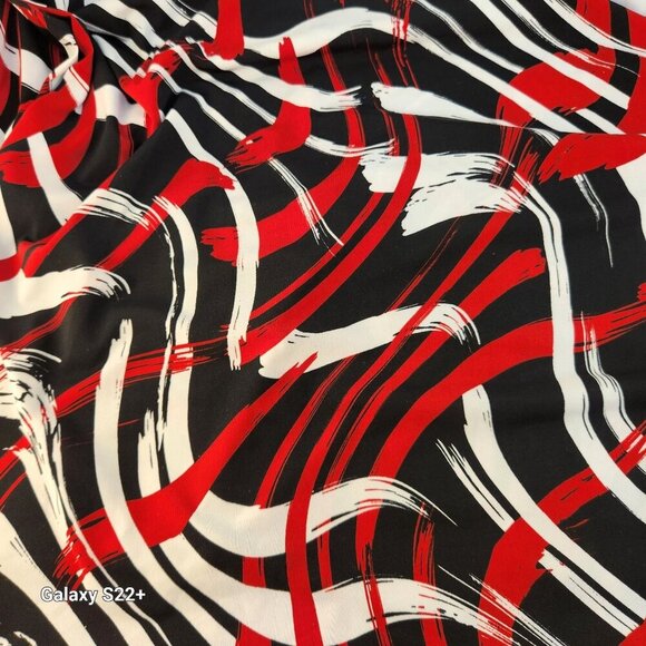 Abstract Red/Black/White Brushstroke Pattern Stretchy Polyester Fabric 3 Yards L - Picture 4 of 6